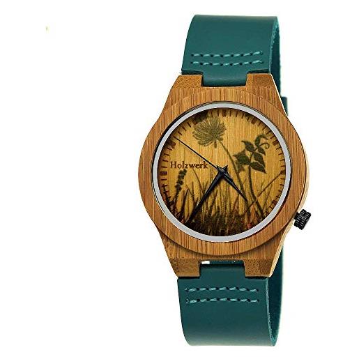 Holzwerk Germany orologio da donna realizzato a mano, orologio da uomo, in legno, ecologico, naturale, orologio da polso, in pelle, orologio analogico al quarzo, marrone, blu, turchese, motivo