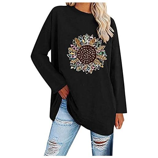 Xmiral magliette oversize a maniche lunghe da donna con pinte di girasole magliette larghe a girocollo casual tunica morbida camicetta maglia sportiva lunga (xxl, nero)