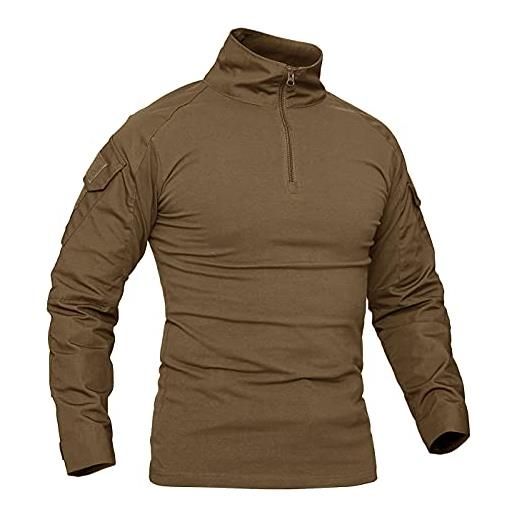 KEFITEVD camicia da uomo slim fit militare tattico manica lunga 1/4 zip frontale camicie airsoft outdoor combat t shirt, marrone, m