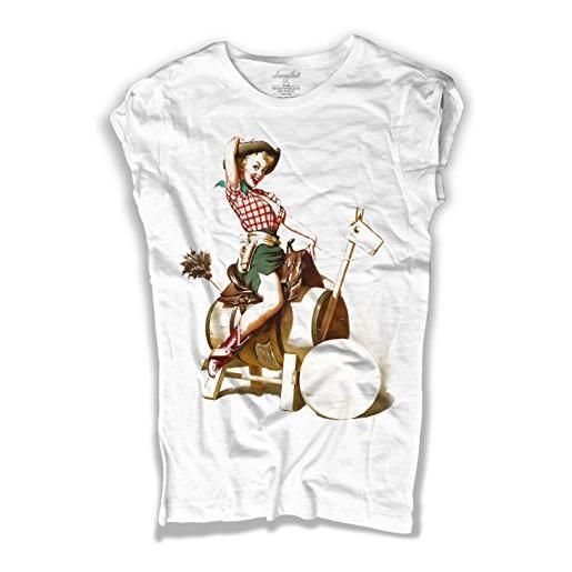 3styler t-shirt donna bianca pin up la cowboy cow-boy - the cow girl - linea amazink - cotone fiammato (slub) 150 gr/mq (s, bianco)
