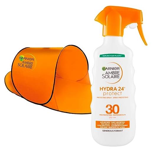Garnier ambre solaire spray solare protettivo idratante hydra 24h protezione alta spf 30 con burro di karité per viso e corpo flacone da 300ml + tenda da spiaggia