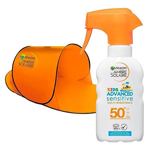 Garnier ambre solaire kids spray solare protezione molto alta spf 50+ advanced sensitive ipoallergenico per bambini viso e corpo flacone da 200ml + tenda da spiaggia