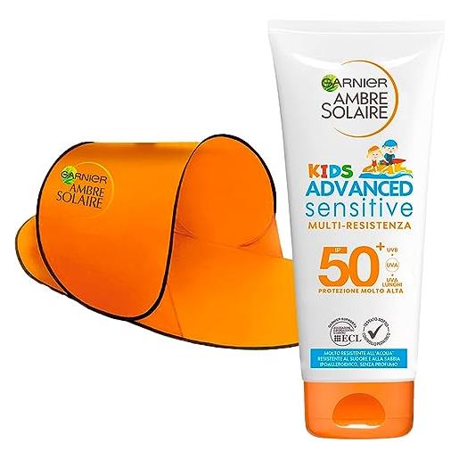 Garnier ambre solaire kids latte solare protezione molto alta spf 50+ advanced sensitive ipoallergenico per bambini viso e corpo flacone da 200ml + tenda da spiaggia