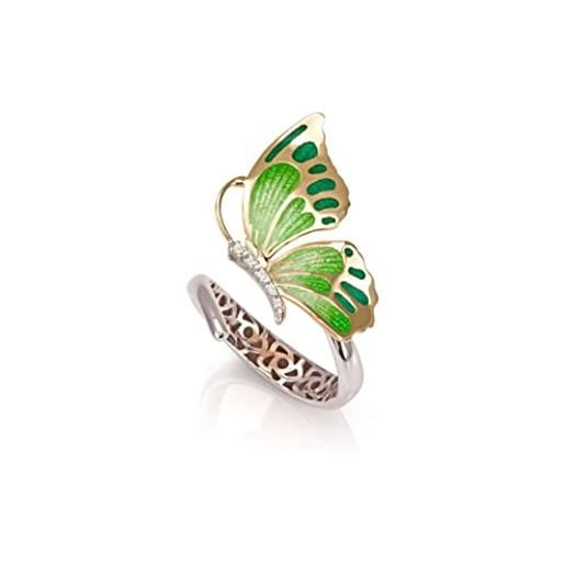 Artlinea, anello contrariè in argento 925, gioiello in argento rodiato e dorato a forma di farfalla, smalto verde eseguito a mano, con cubic zirconia, misura 17, made in italy
