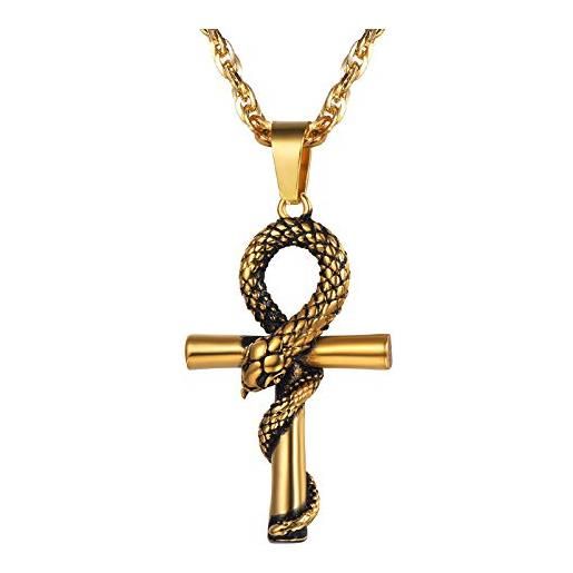 PROSTEEL collana pendente di ankh cross con serpente in acciaio inossidabile placcato oro 18k, catena 55 60 cm regolabile, collana crocifissa egiziana, confezione regalo, oro