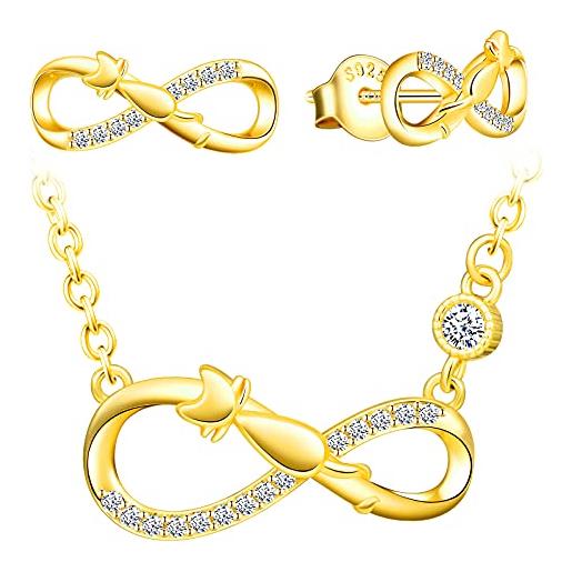 INFINIONLY parure di gioielli, collana orecchini da donna ragazza, orecchini collana in argento 925, orecchini collana ciondolo con simbolo dell'infinito e gatto carino, zircone intarsiato, oro