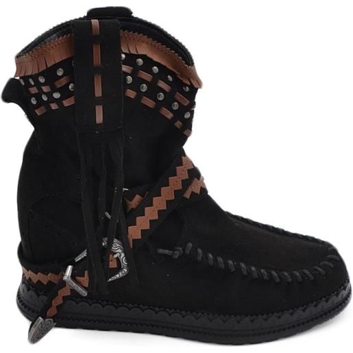 Malu Shoes stivaletto donna indianini nero scamosciati con frange zeppa interna 5 cm borchie cinturino altezza caviglia moda ibiza
