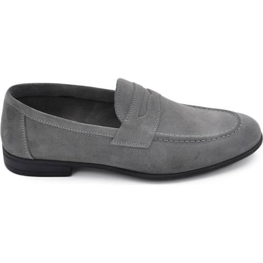 Malu Shoes scarpe college uomo inglese mocassino grigio vera pelle scamosciato fondo in cuoio con antiscivolo cuciture a vista