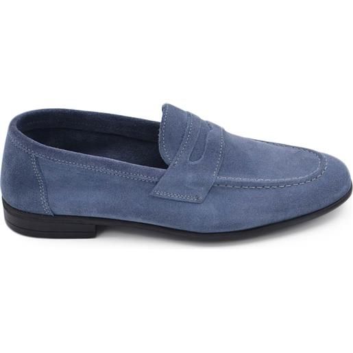 Malu Shoes scarpe college uomo inglese mocassino blu vera pelle scamosciato fondo in cuoio con antiscivolo cuciture a vista