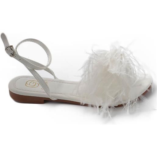 Malu Shoes pantofoline donna sandalo basso bianco raso terra piume peluche con cinturino alla caviglia moda glamour
