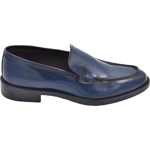 Malu Shoes scarpe college uomo inglese mocassino blu vera pelle lucida spazzolato fondo in cuoio con antiscivolo handmade italy