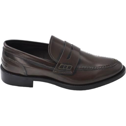 Malu Shoes scarpe college uomo inglese mocassino marrone vera pelle abrasivata fondo in cuoio con antiscivolo cuciture a vista