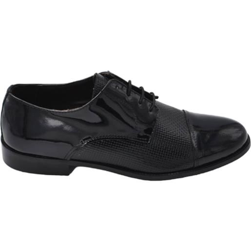 Malu Shoes scarpe uomo classica stringata con fondo cuoio e antiscivolo vera pelle lucida nera con intreccio mezza punta cerimonia