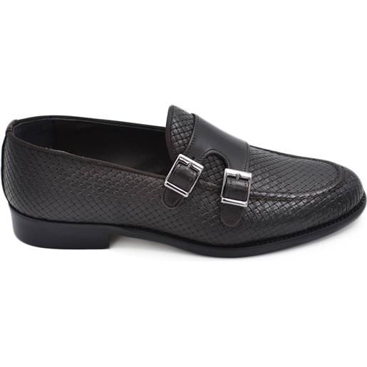 Malu Shoes scarpe uomo mocassino doppia fibbia in vera pelle nappa intrecciata bordeaux suola in cuoio con antiscivolo elegante