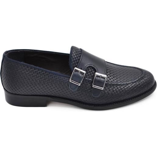 Malu Shoes scarpe uomo mocassino doppia fibbia in vera pelle nappa intrecciata blu suola in cuoio con antiscivolo elegante
