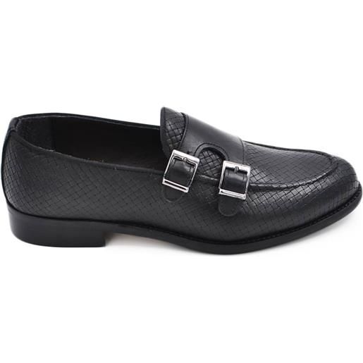 Malu Shoes scarpe uomo mocassino doppia fibbia in vera pelle nappa intrecciata nera suola in cuoio con antiscivolo elegante