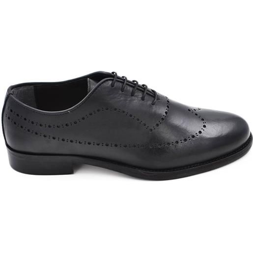 Malu Shoes scarpe uomo francesina oxford stringata elegante punta ricamo in vera pelle nera opaca fondo cuoio con antiscivolo