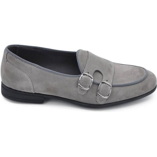 Malu Shoes scarpe mocassino uomo doppia fibbia argento in vera pelle camoscio grigio fondo in gomma ultraleggera cuciture contrasto