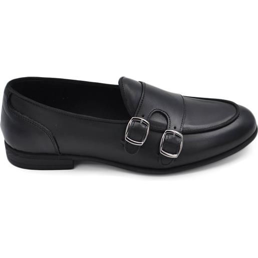 Malu Shoes scarpe uomo mocassino doppia fibbia argento derby vintage in vera pelle nero crust business fondo gomma ultraleggera