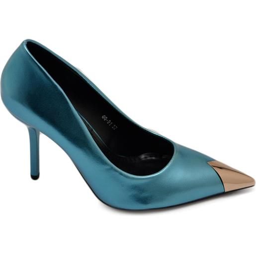 Malu Shoes decolette' donna pelle matte azzurro verde effetto sirena con punta oro tacco 12 cm spillo