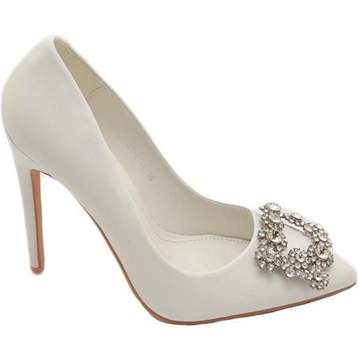 Malu Shoes decolette' donna pelle matte bianco con gioiello spilla quadrato argento in punta tacco 12 cm spillo