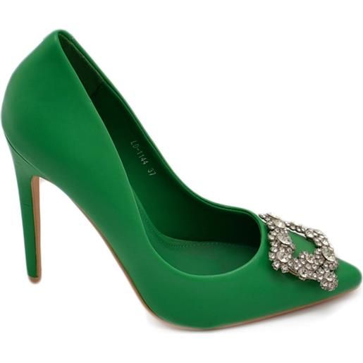 Malu Shoes decolette' donna pelle matte verde prato con gioiello spilla quadrato argento in punta tacco 12 cm spillo