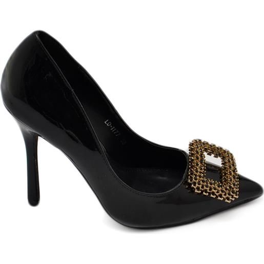 Malu Shoes decolette' donna lucido specchio nero con gioiello spilla quadrato oro in punta tacco 12 cm spillo