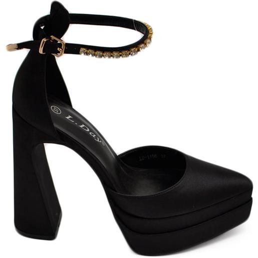 Malu Shoes decollete' donna mary jane a punta in raso nero con plateau 4 cm e tacco largo 15 cinturino strass alla caviglia