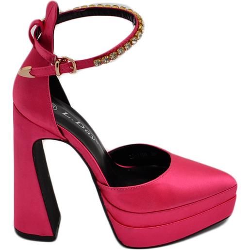 Malu Shoes decollete' donna mary jane a punta in raso fucsia con plateau 4 cm e tacco largo 15 cinturino strass alla caviglia