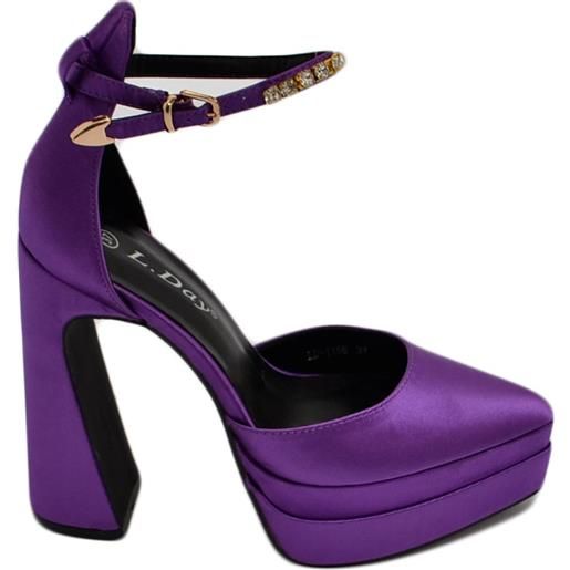 Malu Shoes decollete' donna mary jane a punta in raso viola con plateau 4 cm e tacco largo 15 cinturino strass alla caviglia
