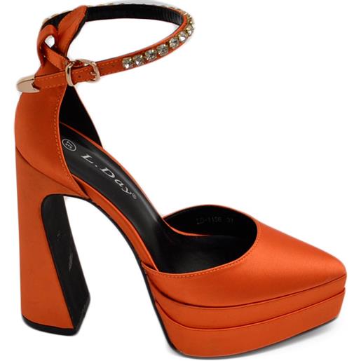 Malu Shoes decollete' donna mary jane a punta in raso arancione con plateau 4 cm e tacco largo 15 cinturino strass alla caviglia