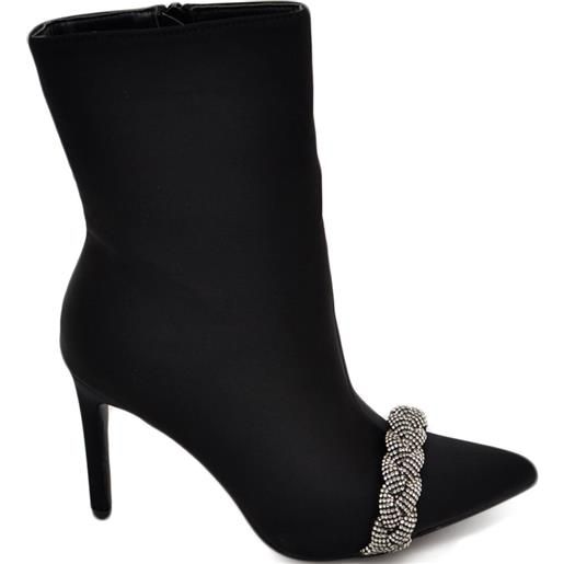 Malu Shoes tronchetto donna in raso nero con gioiello luminoso fascia in punta tacco a spillo 12 rigido sopra la caviglia