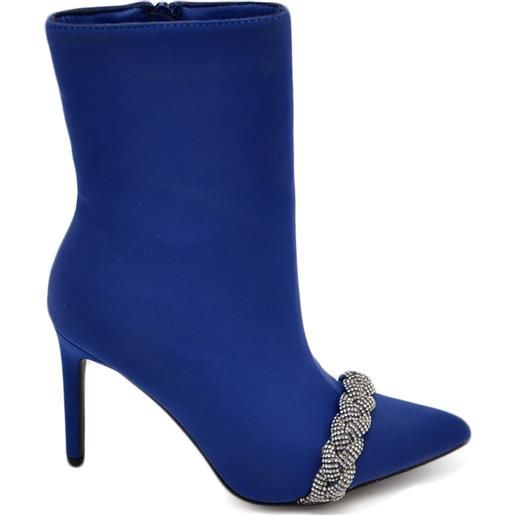 Malu Shoes tronchetto donna in raso blu cobalto con gioiello luminoso fascia in punta tacco a spillo 12 rigido sopra la caviglia