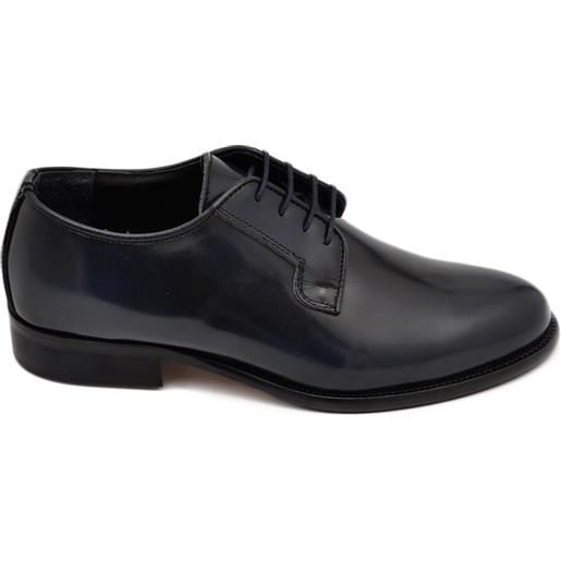 Malu Shoes scarpa classica uomo stringata liscia in vera pelle abrasiva blu lucida elegante con suola cuoio antiscivolo tacco 2 cm