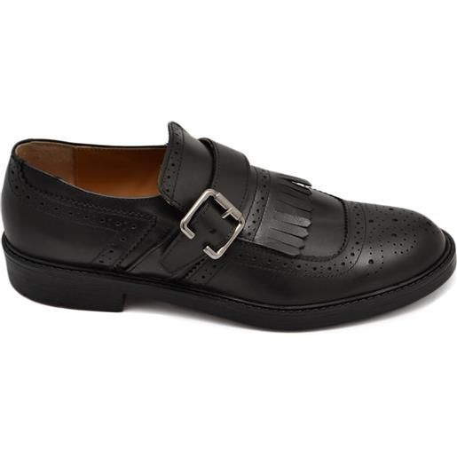 Malu Shoes scarpe uomo stringate decorate nero in vera pelle nappa effetto vintage con frange e fibbia fondo gomma light
