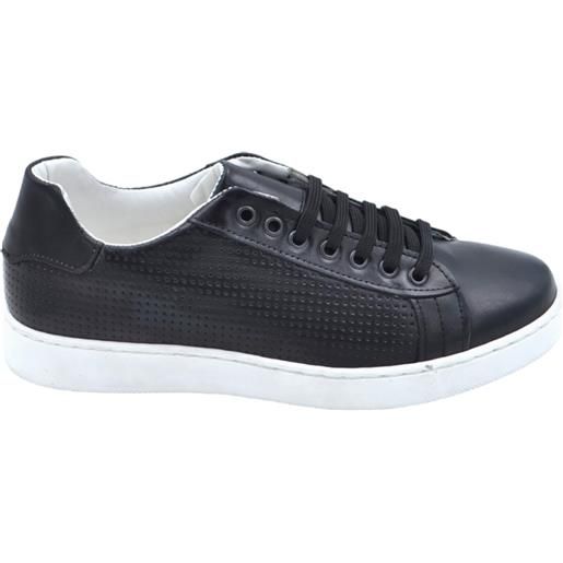 Malu Shoes scarpa sneakers bassa uomo basic vera pelle intrecciata nera linea fondo in gomma bianco ultraleggero 2 cm moda casual