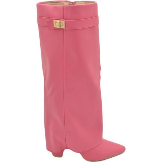Malu Shoes stivali donna alti rosa pelle al ginocchio a punta con risvolto para fino a terra tacco doppio 10cm