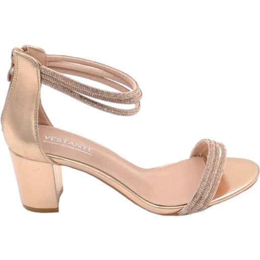 Malu Shoes scarpe sandalo donna oro rosa pelle con fasce strass e chiusura con zip retro tacco largo comodo 5cm effetto nudo