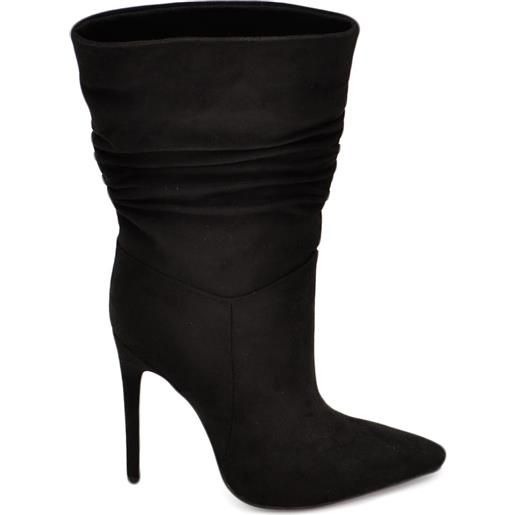 Malu Shoes tronchetti donna a punta alto meta' polpaccio arricciato in camoscio nero liscio tacco a spillo 12 cm morbido con zip