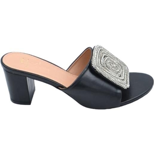 Malu Shoes sandali donna mules pantofola tacco quadrato basso aperto dietro pelle nero con gioiello quadrato in punta
