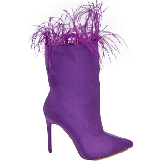 Malu Shoes tronchetto donna a punta in raso semilucido viola alto meta' polpaccio liscio con piume tacco sottile 12cm aderente zip