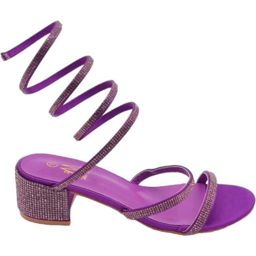 Malu Shoes sandali donna viola con strass tacco largo basso 4 cm serpente rigido che si attorciglia alla gamba regolabile open toe