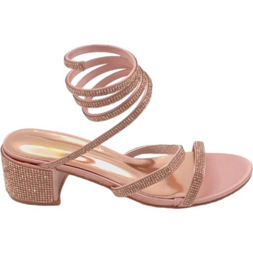 Malu Shoes sandali donna oro rosa strass tacco largo basso 4cm serpente rigido che si attorciglia alla gamba regolabile open toe