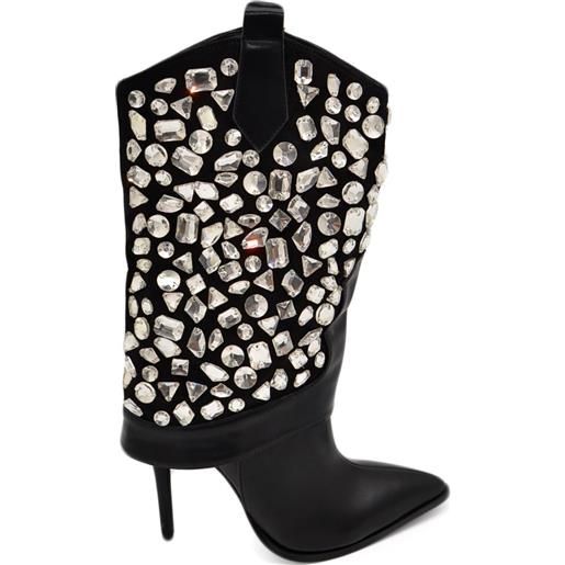 Malu Shoes tronchetto donna a punto alto meta' polpaccio in ecopelle nera con applicazioni strass tacco sottile 12 cm zip morbido