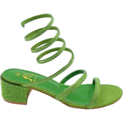 Malu Shoes sandali donna verdi con strass tacco largo basso 4 cm serpente rigido che si attorciglia alla gamba regolabile open toe