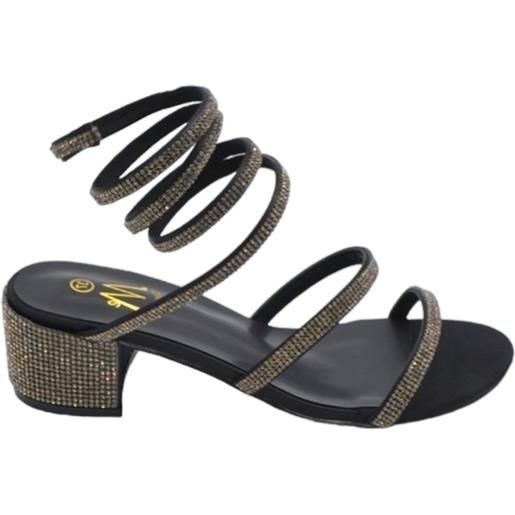 Malu Shoes sandali donna neri con strass tacco largo basso 4 cm serpente rigido che si attorciglia alla gamba regolabile open toe