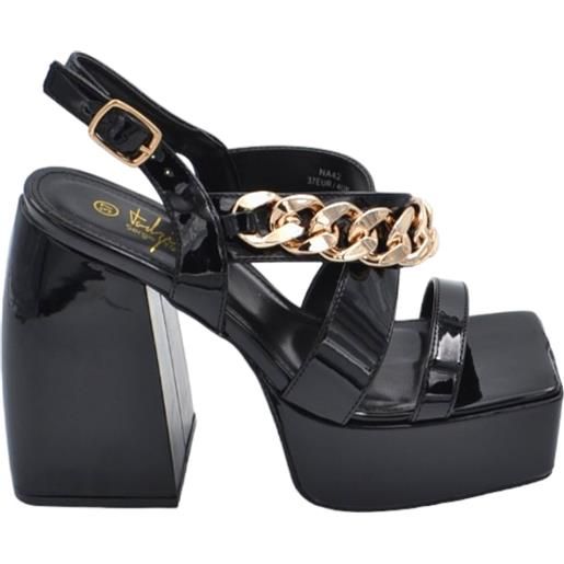 Malu Shoes zeppa donna sandalo platform vernice nero catena oro oplateau alto 3 cm e tacco grosso 12 cm cinturino caviglia