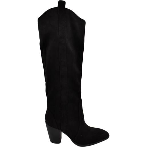 Corina stivali camperos donna in camoscio nero altezza ginocchio lisci con tacco legno 7 cm quadrato moda zip