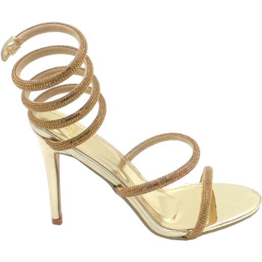 Malu Shoes sandali donna gioiello oro tacco sottile 12 cm serpente rigido si attorciglia alla gamba oro regolabile brillantini