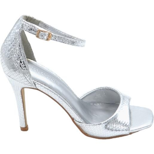Malu Shoes sandalo tacco argento a punta quadrata tacco sottile 12 cm chiusura alla caviglia moda cerimonia